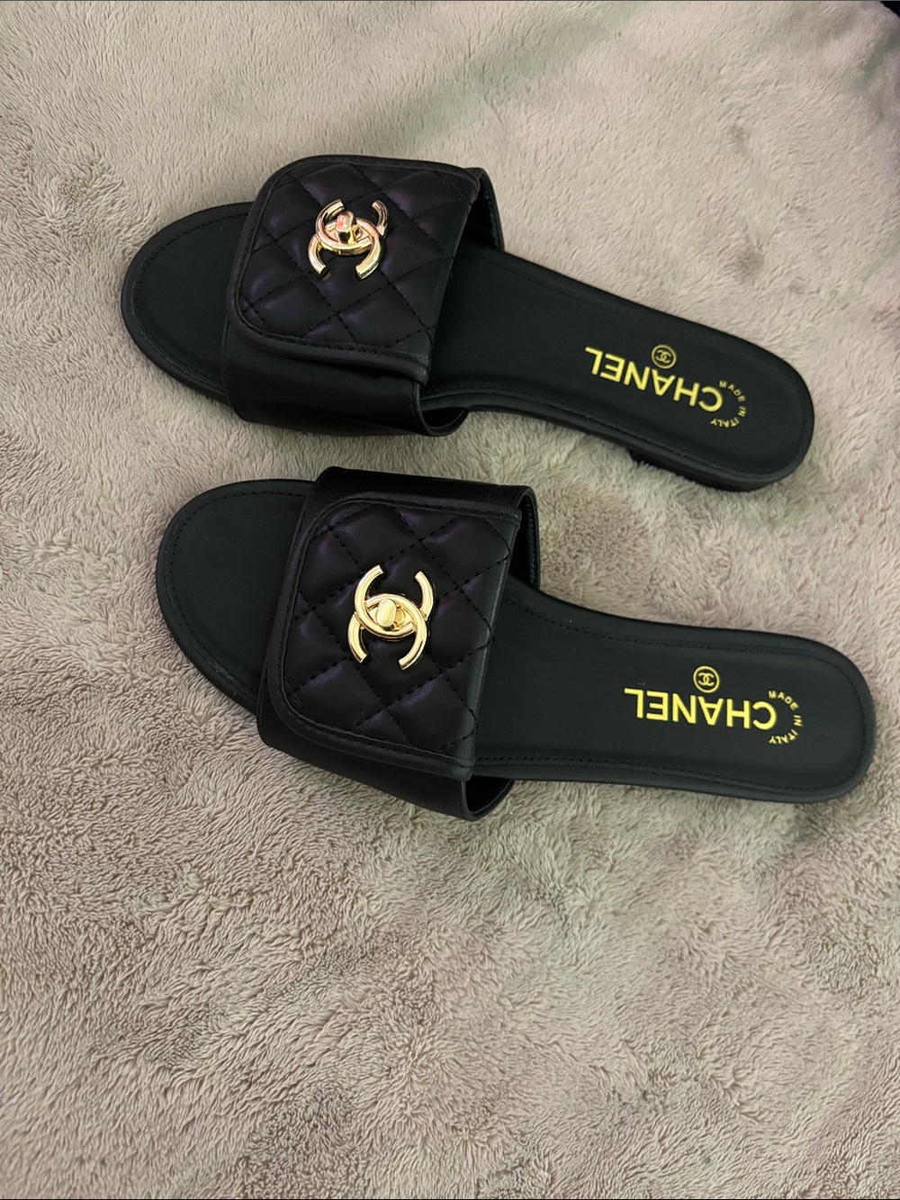 CHANEL Black Quilted Slide Sandals with Gold CC Emblem - Picture 1 of 3